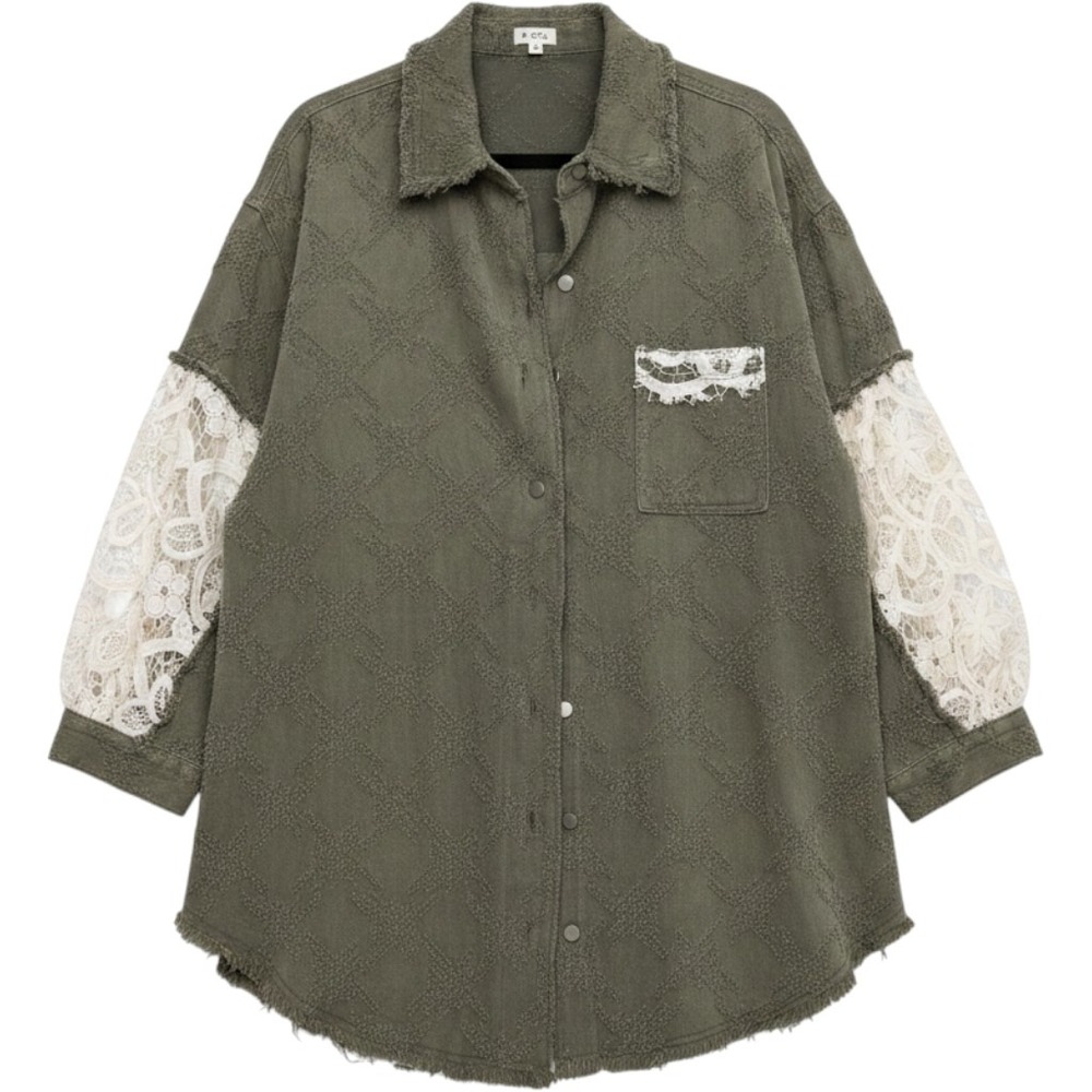 POL Olive Green Lace‎ Crochet Distressed Denim patchwork Jacket M boho coastal